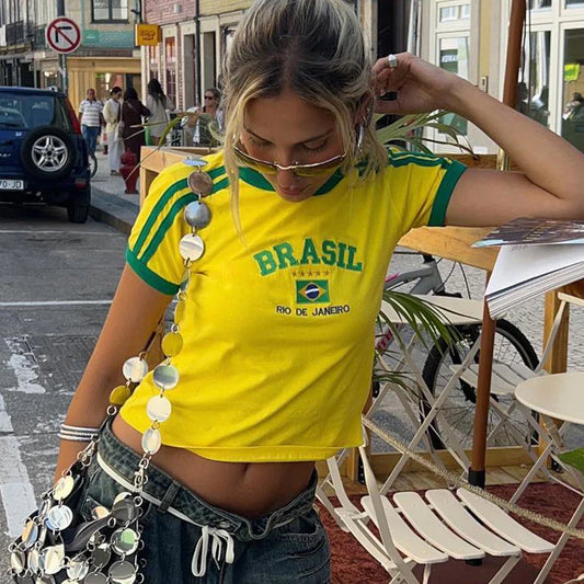 Ba Flag Letter Print Slim Fit Crop Top