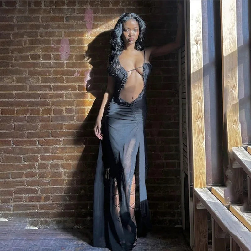 Hollow Out Printed Patchwork Lace-up Slip Dress