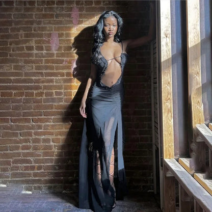 Hollow Out Printed Patchwork Lace-up Slip Dress