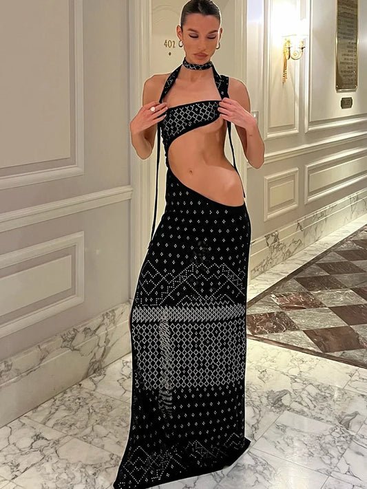 Drop Print Halter Backless Party Dress