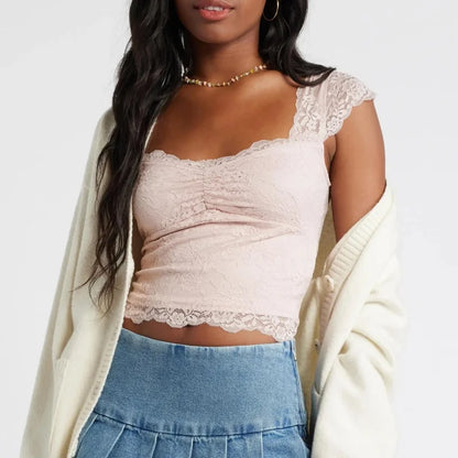 Lace Cap Sleeve Square Neck Crop Top