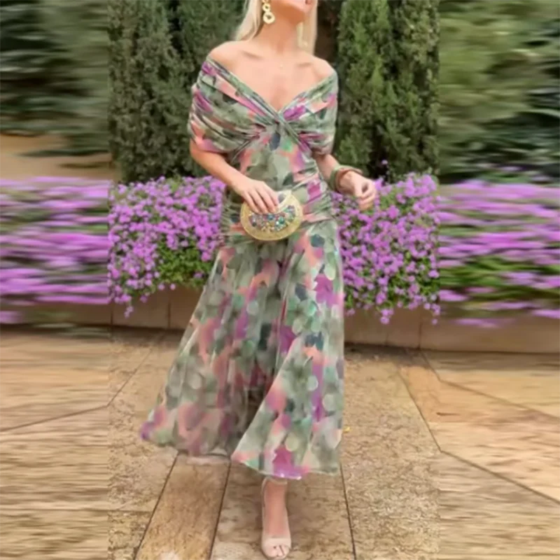 Pleated Bat Sleeve A-Line Floral Dress