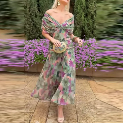 Pleated Bat Sleeve A-Line Floral Dress