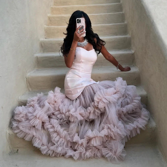 Net Pleated Sweetheart Maxi Dress