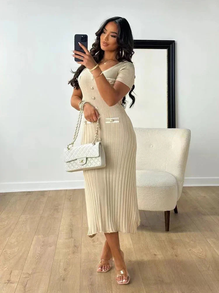 V-Neck Knitted Short Sleeve Button Work Dress