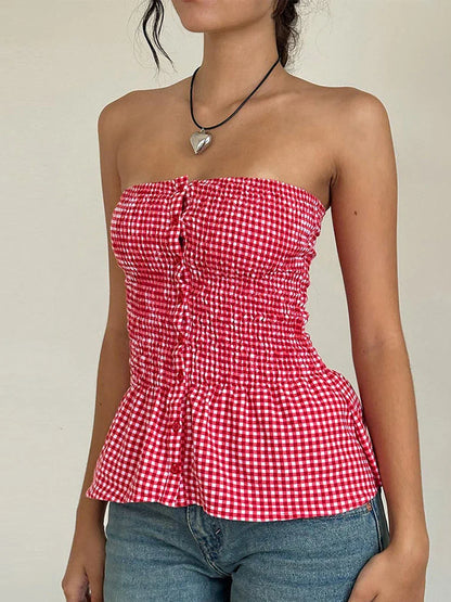 Red Gingham Ruffle Hem Strapless