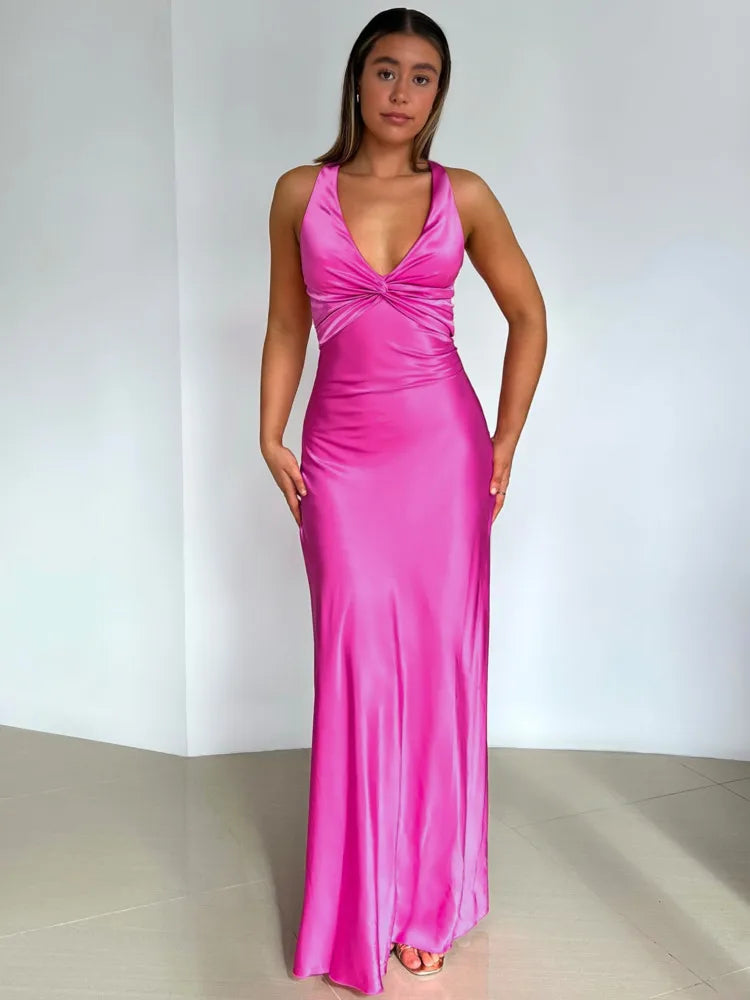 Satin Ruched Backless Maxi Dress