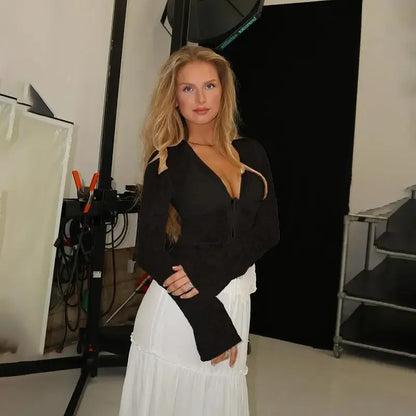 Chiffon Slim Fit Tweed Style Flare Sleeve Blouse