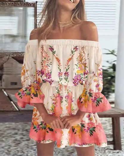 Slash Neck Flare Sleeve Mini Floral Dress