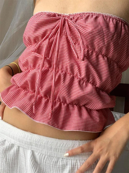 Ruched Plaid Print Slim Strapless