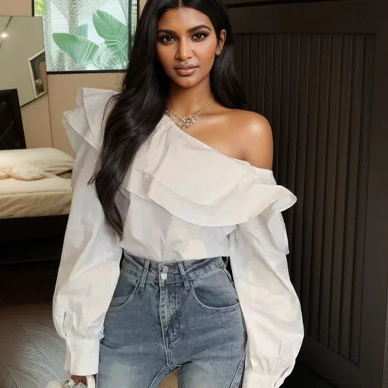 Vintage Off-Shoulder Ruffled White Blouse
