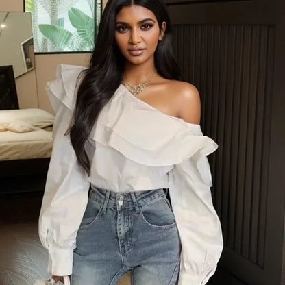 Vintage Off-Shoulder Ruffled White Blouse