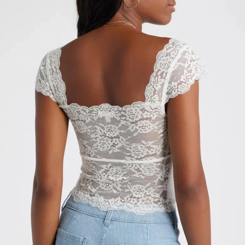 Lace Cap Sleeve Square Neck Crop Top