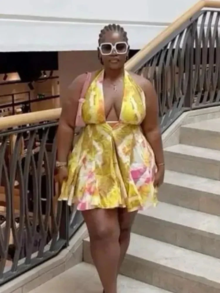 Tie-Dye Halter Ruffle Hem Bandage Mini Dress