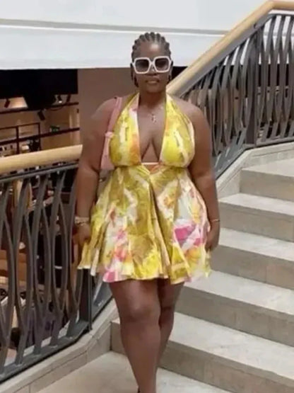 Tie-Dye Halter Ruffle Hem Bandage Mini Dress