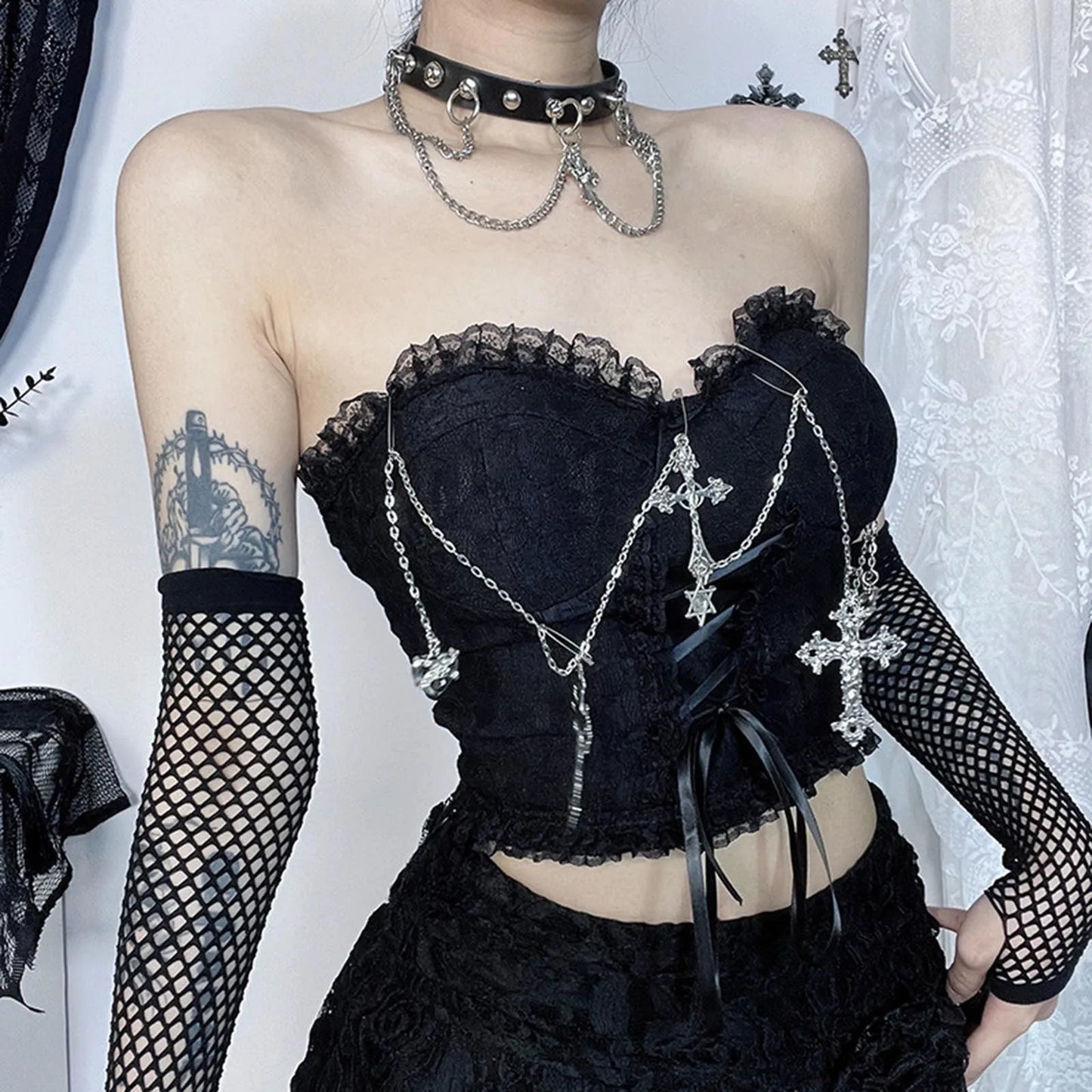 Gothic Cross Chain Lace Strapless