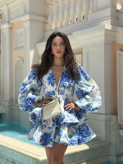 Tie-dye Deep V Neck Flare Sleeve Floral Dress