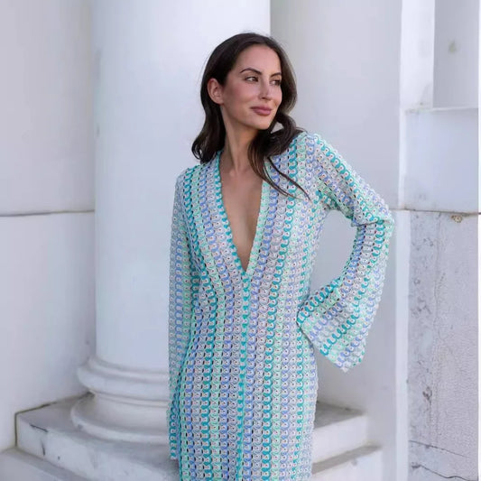 Crochet Stripe Flare Sleeve Maxi Dress