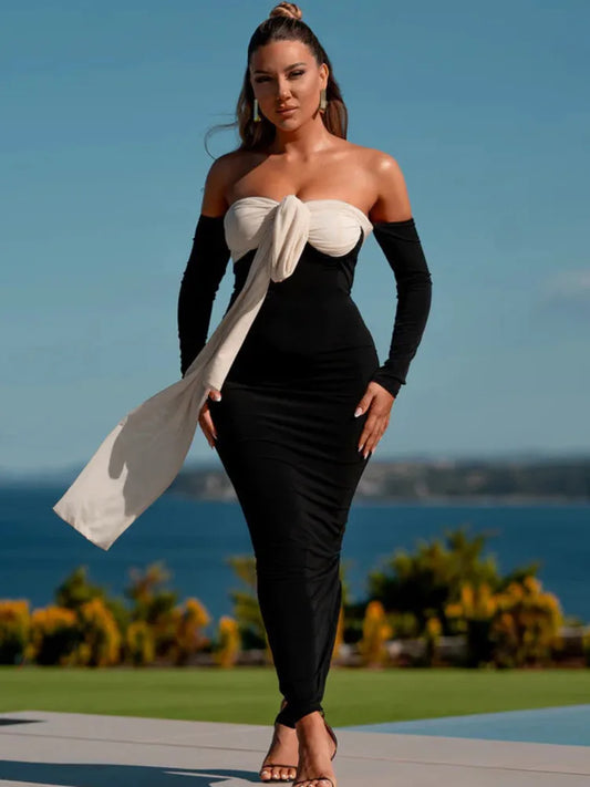 Off-Shoulder Contrast Color Maxi Midi Dress