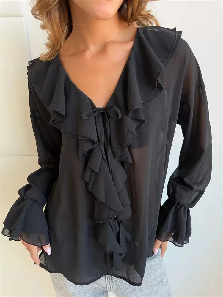 Chiffon V-neck Ruffled See-through Lace-up Blouse