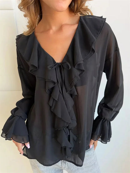 Chiffon V-neck Ruffled See-through Lace-up Blouse