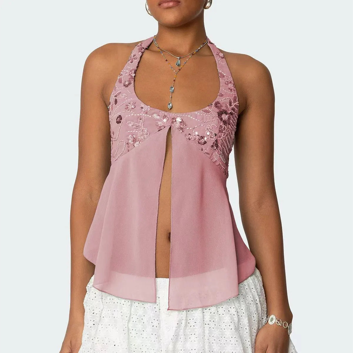 Sequin Chiffon Mesh Halter Backless Sheer Top