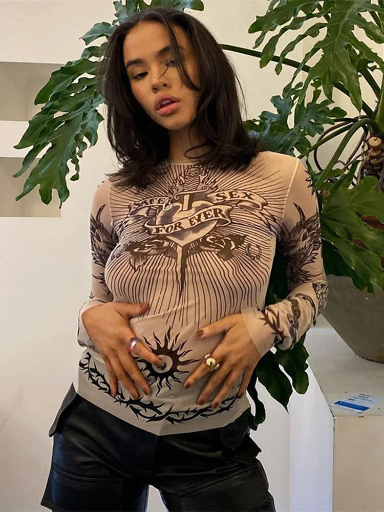 Gothic Graphic Full Sleeve Sheer Top