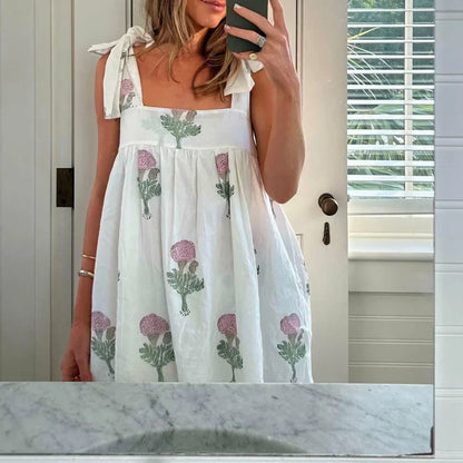 Square Neck Stripe Loose Floral Dress