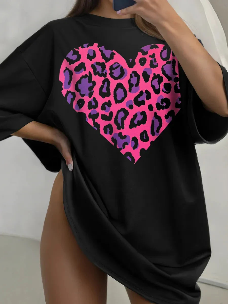 Leopard Heart Print Cotton T-shirt