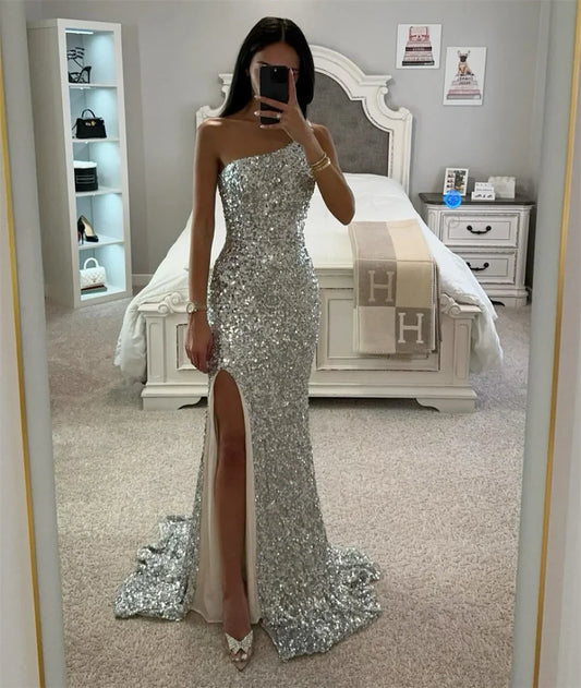 Silvery Sequin Split Mermaid Party Dress