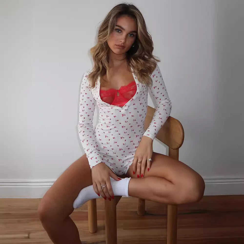 Floral Print V-neck Stretch Romper