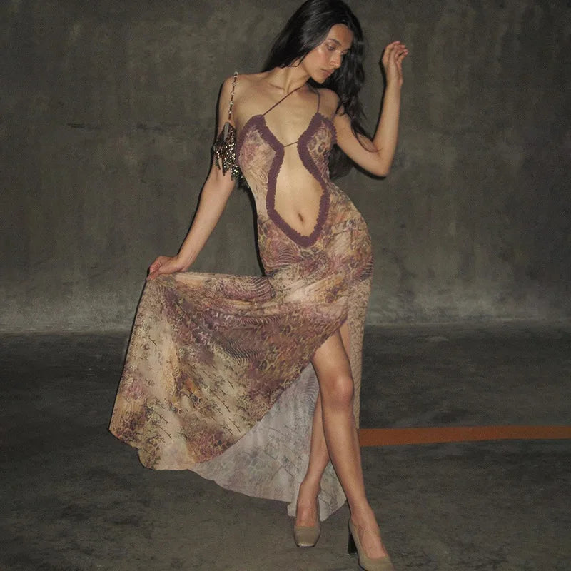 Hollow Out Printed Patchwork Lace-up Slip Dress