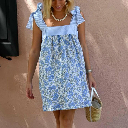 Square Neck Stripe Loose Floral Dress