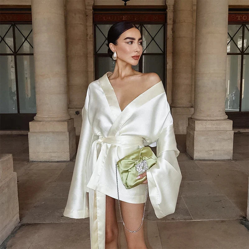 Lace Up Loose Beige Satin V-neck Silk Dress