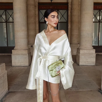 Lace Up Loose Beige Satin V-neck Silk Dress