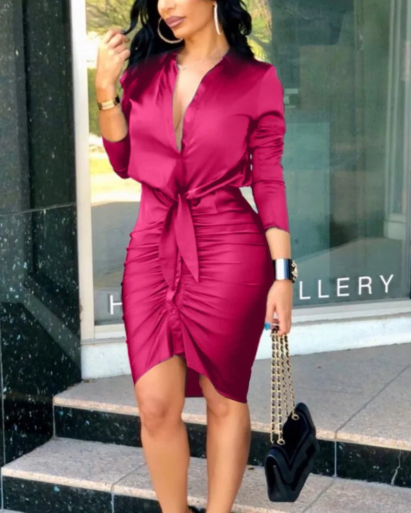 Sexy Deep V Neck Long Sleeve Bodycon Work Dress
