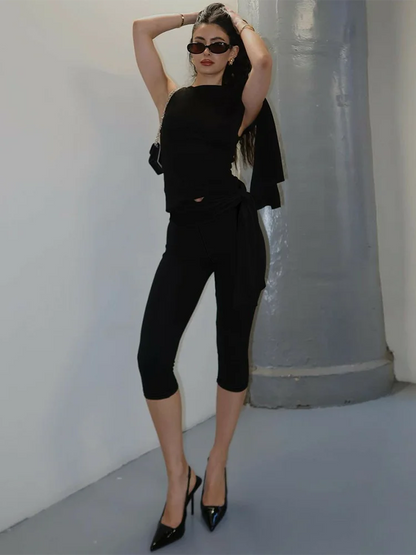 Lace-up Capri Crop Two Piece Pants Set