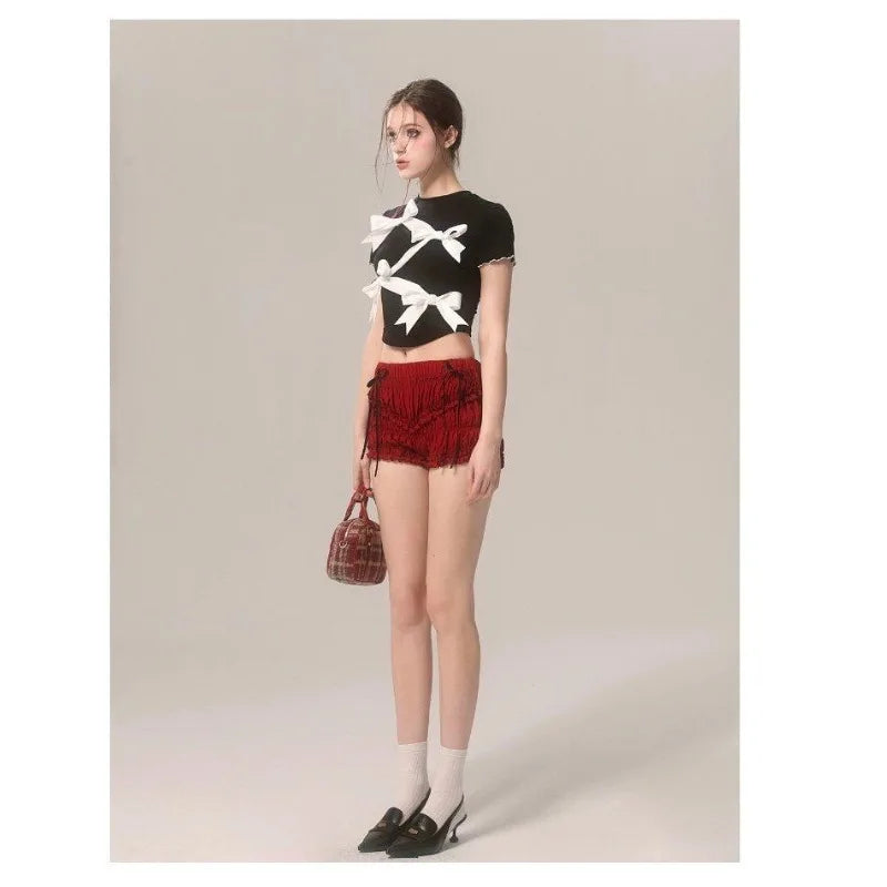 Bow Decoration Black Slim T-shirt