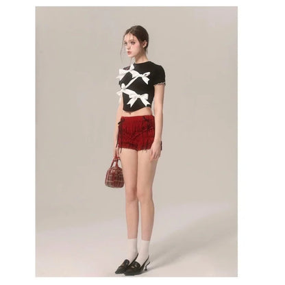 Bow Decoration Black Slim T-shirt