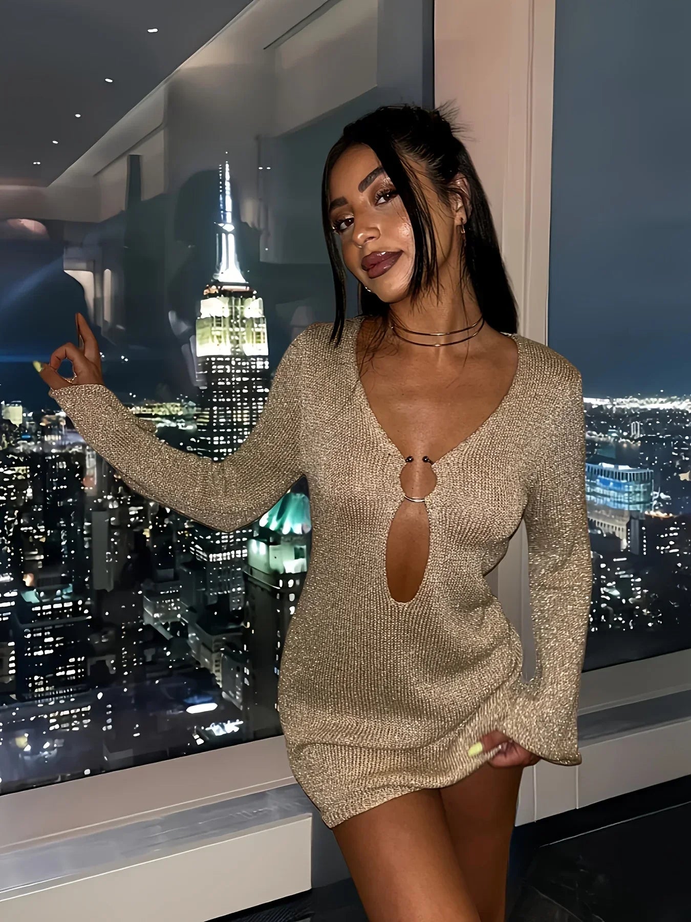 Knitted Flared Sleeve V Neck Mini Dress