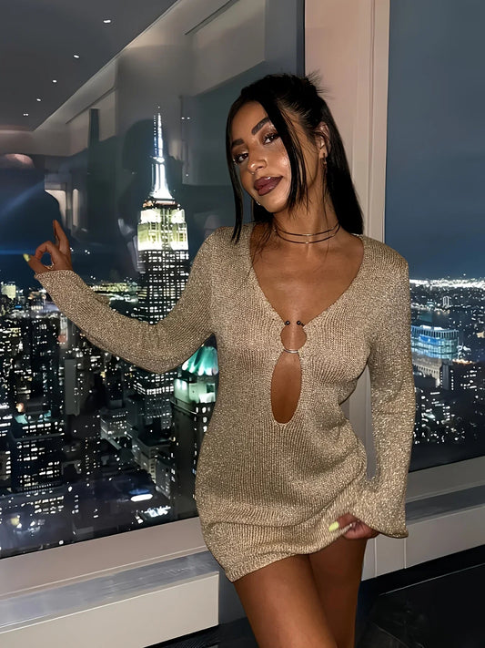 Knitted Flared Sleeve V Neck Mini Dress