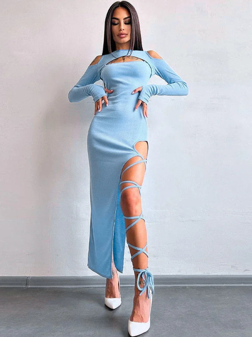 Hollow Lace Up Slit Sleeve Midi Dress