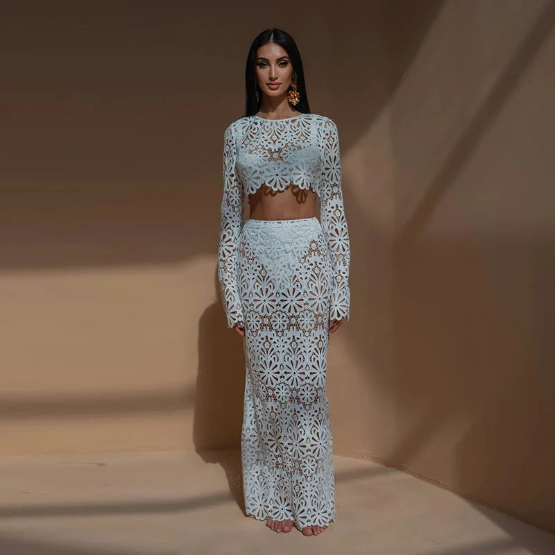 Crochet See Through Flare Sleeve Long Two Piece Skirt Set