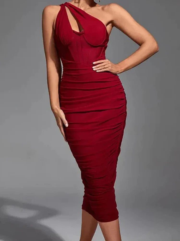 One Shoulder Ruched Midi Dress