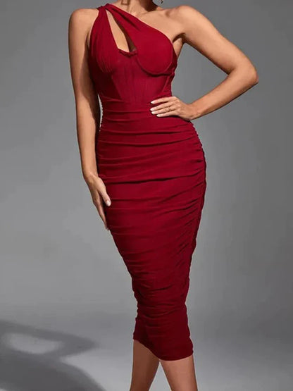 One Shoulder Ruched Midi Dress