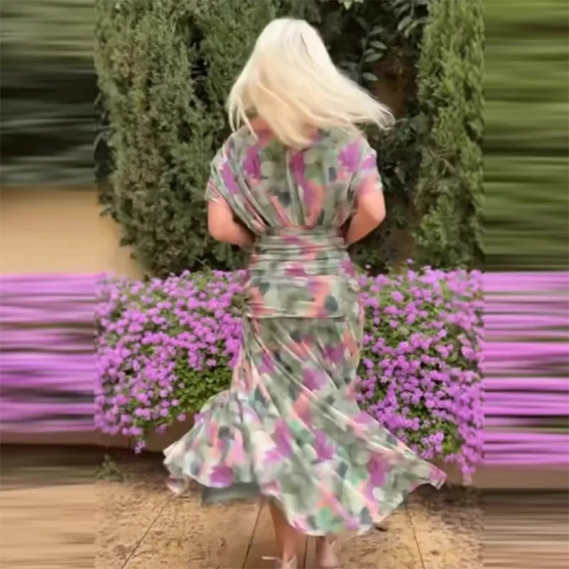 Pleated Bat Sleeve A-Line Floral Dress