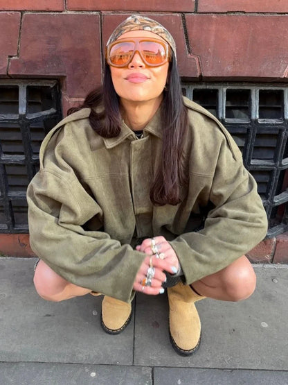 Brown Green Lapel Bomber Jacket