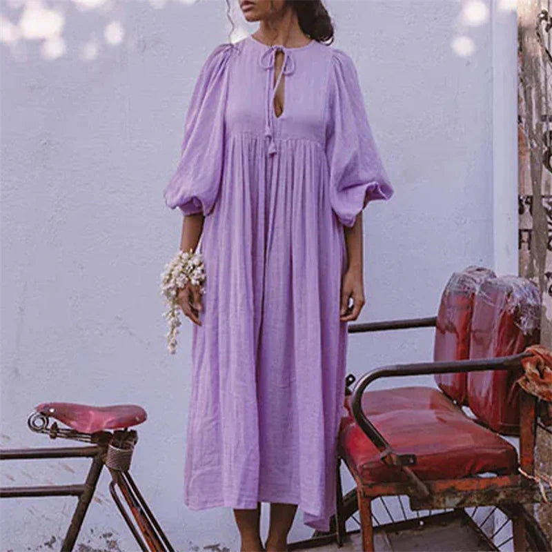 Puff Sleeve Tie Front Midi Dress