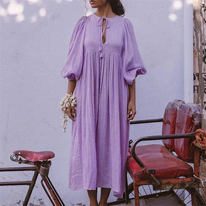 Puff Sleeve Tie Front Midi Dress