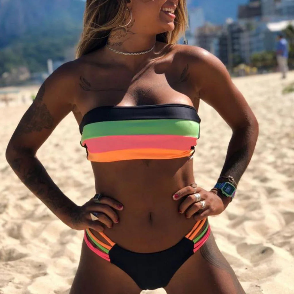 Rainbow Crop Tube Push-Up Two Piece Swim Sets